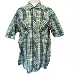 Micros Green Plaid Short Sleeve Pearl Like Snap Buttons Size XL